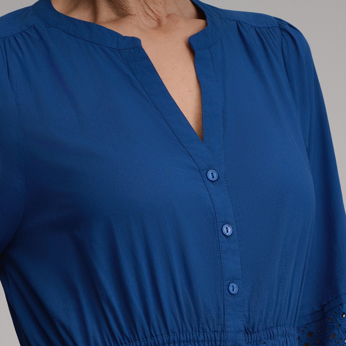Women's 3/4 Sleeve Eyelet Button Front Belted Dress-Royal-3