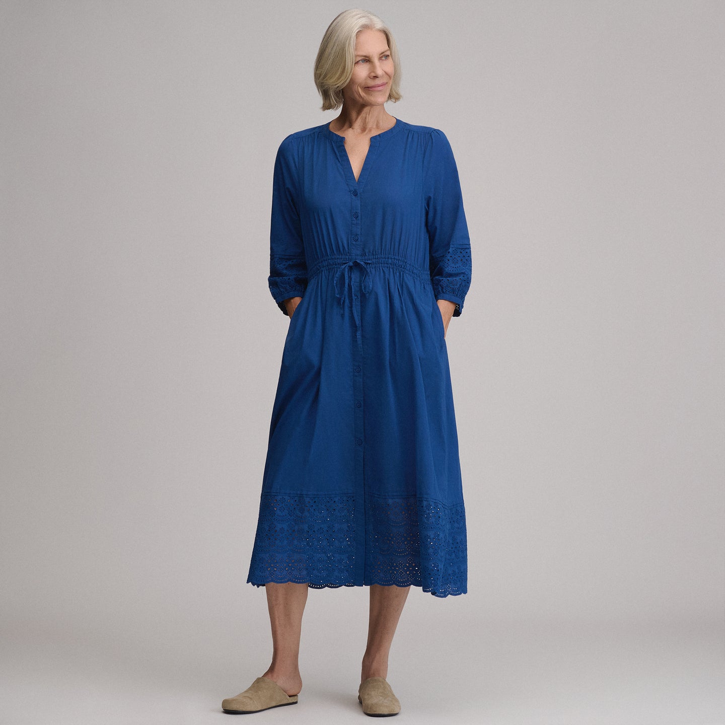 Women's 3/4 Sleeve Eyelet Button Front Belted Dress-Royal-4