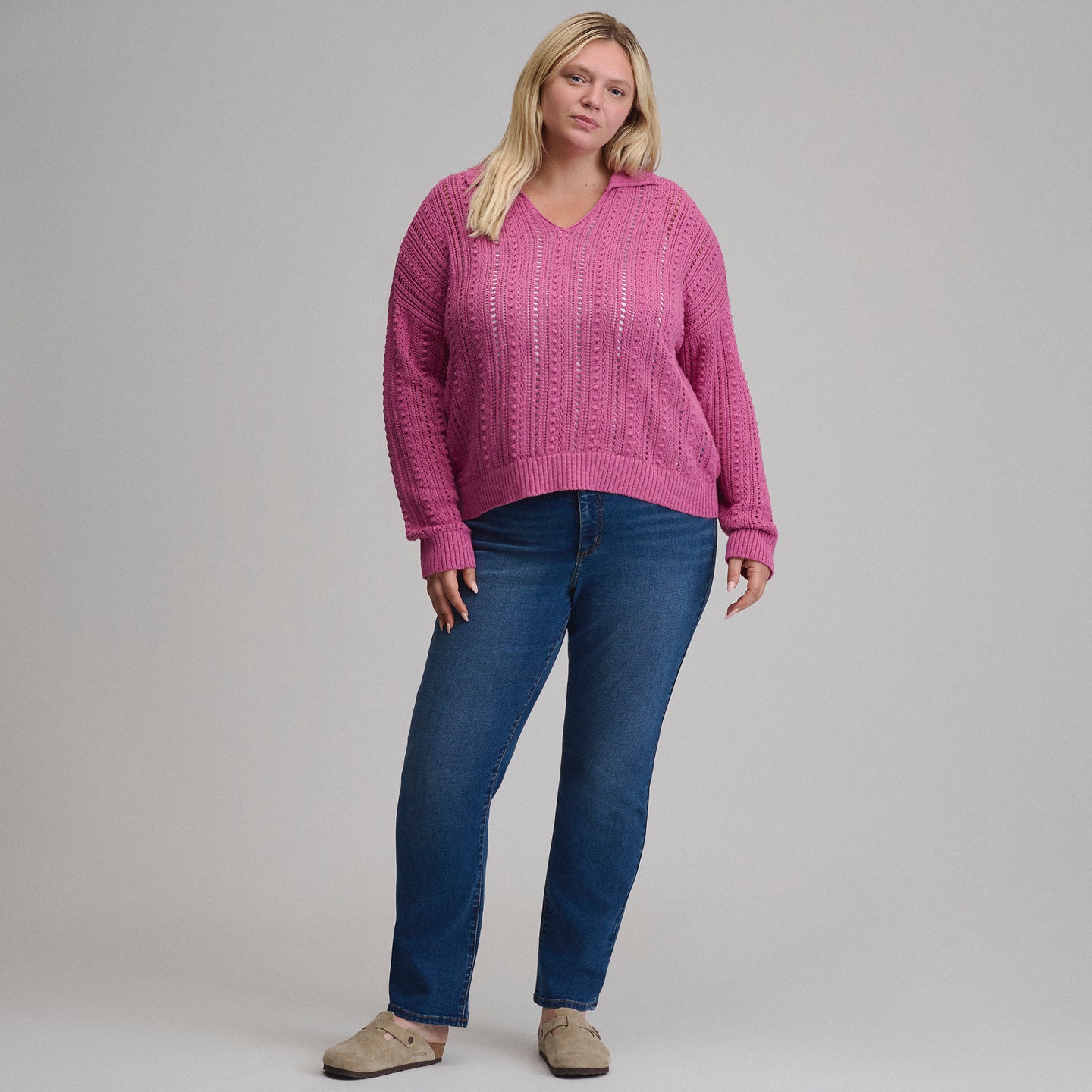 Women's Long-Sleeve Slub Johnny Collar Sweater-Dusty Rose-4