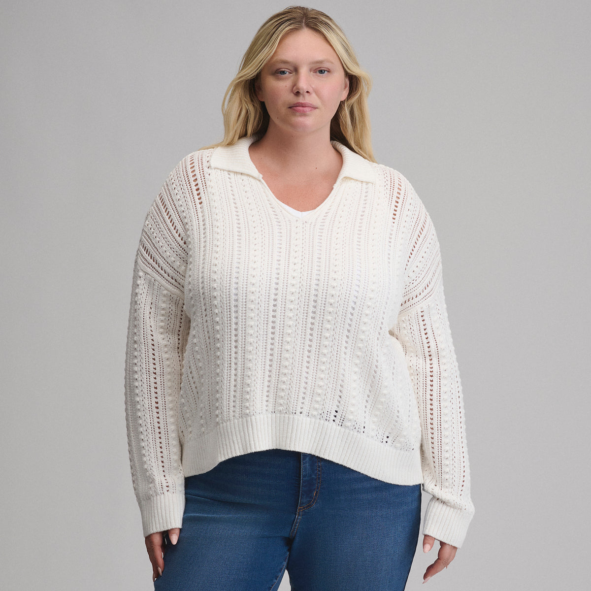 Women's Long-Sleeve Slub Johnny Collar Sweater-Ivory-1