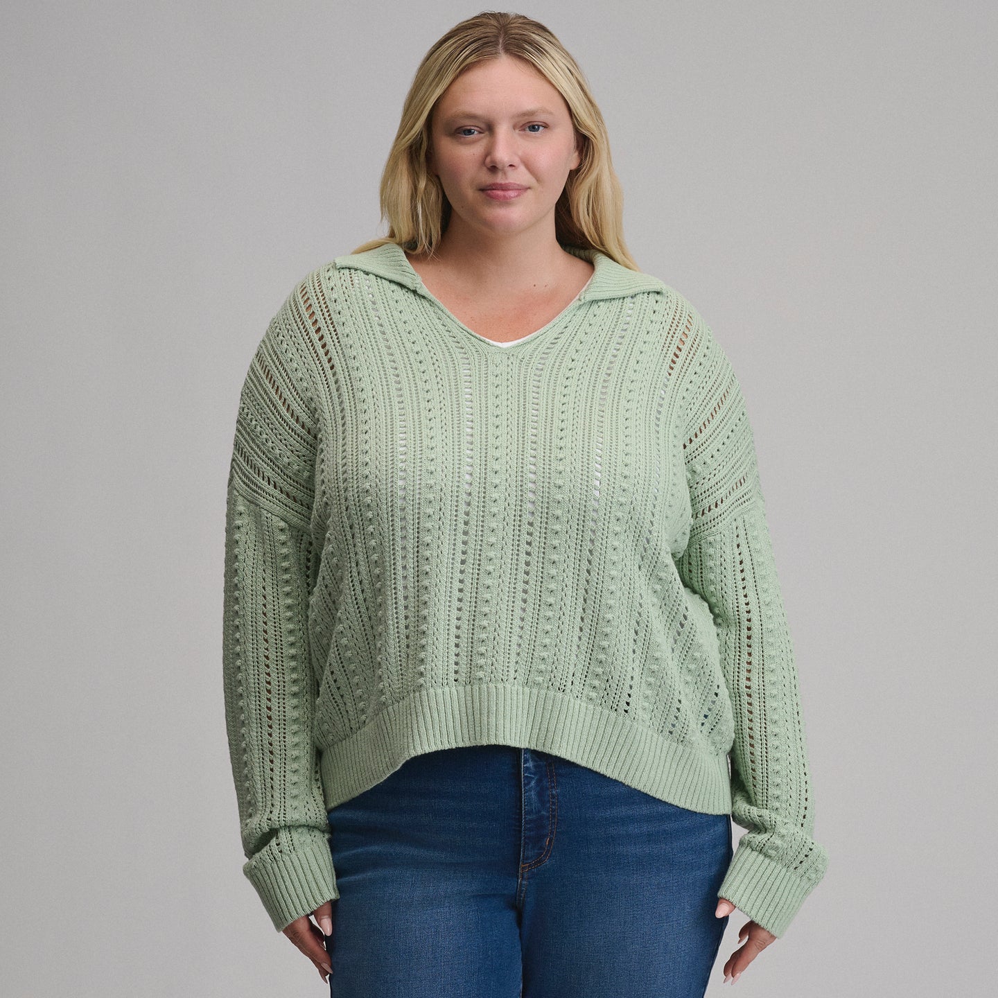 Women's Long-Sleeve Slub Johnny Collar Sweater-Limestone-9
