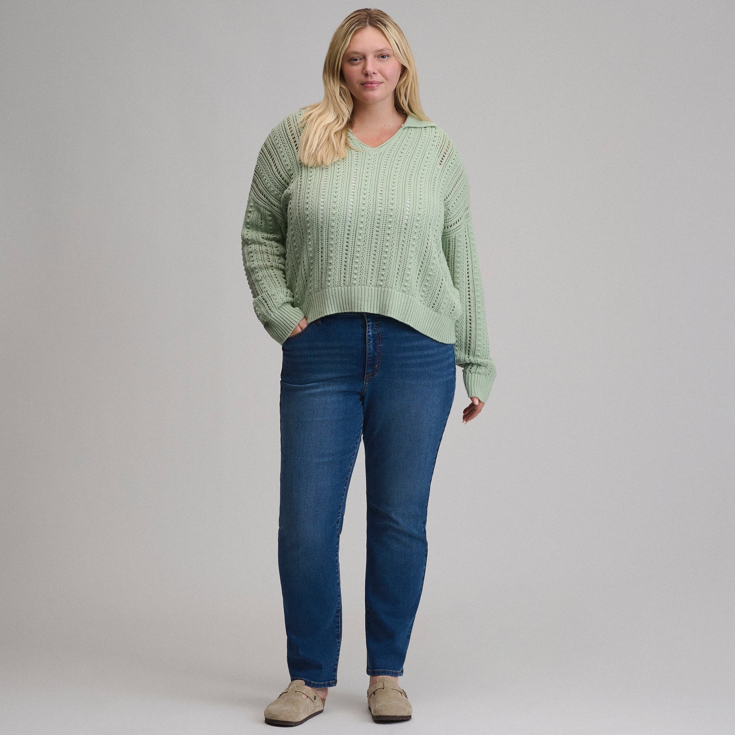 Women's Long-Sleeve Slub Johnny Collar Sweater-Limestone-12
