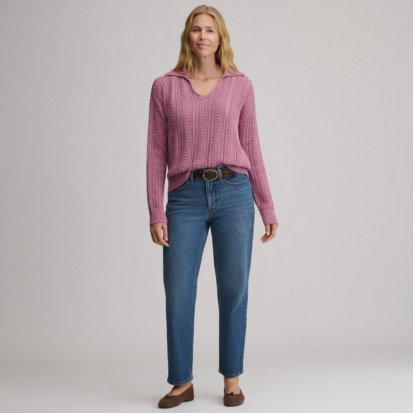 Women's Long-Sleeve Slub Johnny Collar Sweater-Dusty Rose-4