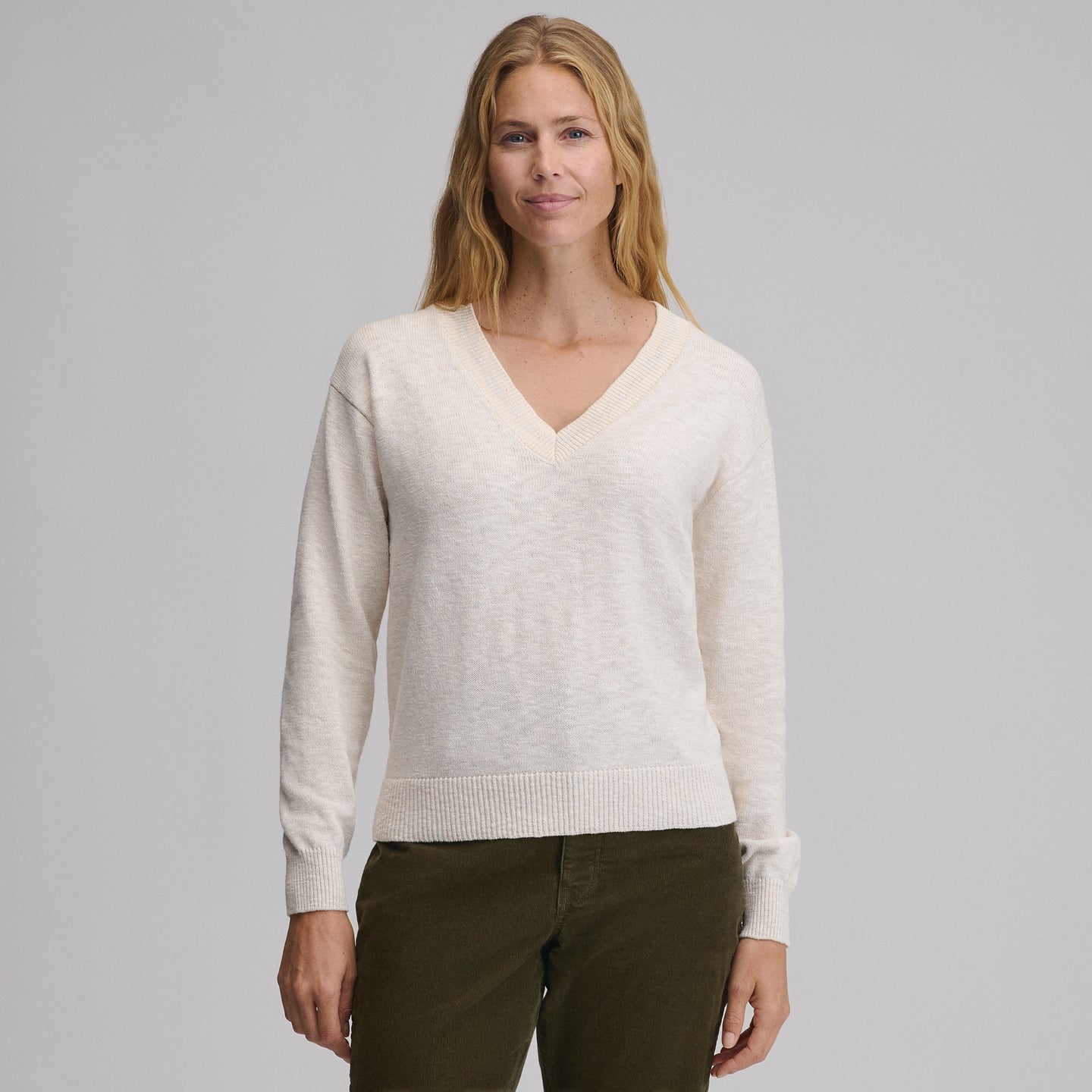 Everyday Vneck Sweater  Tipped Collar-Heather Oatmeal-5