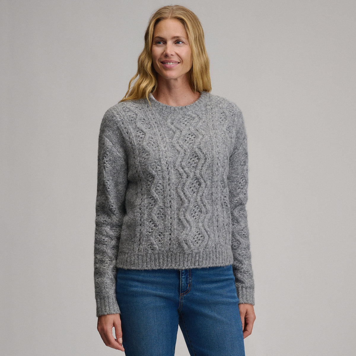Women's Open Stitch Cable Crew Sweater-Heather Gray-9