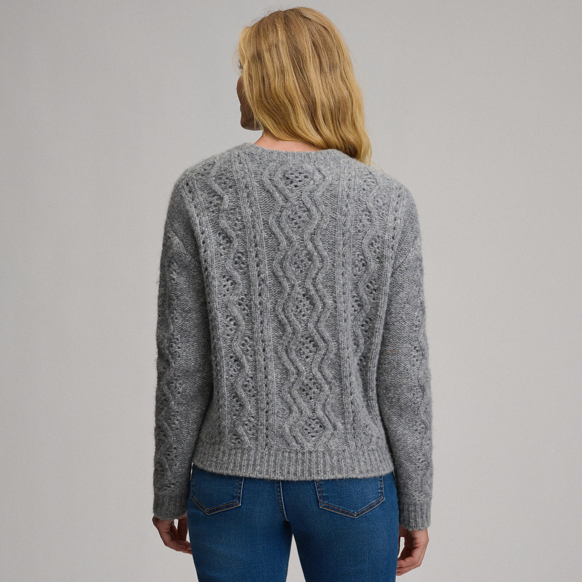 Women's Open Stitch Cable Crew Sweater-Heather Gray-10