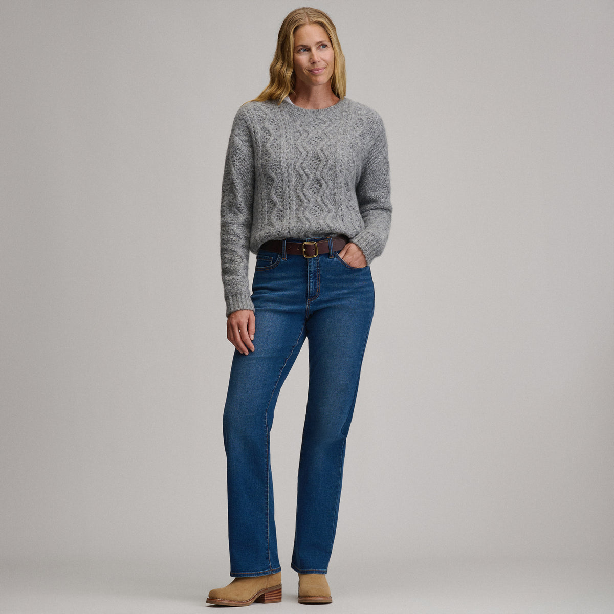 Women's Open Stitch Cable Crew Sweater-Heather Gray-12