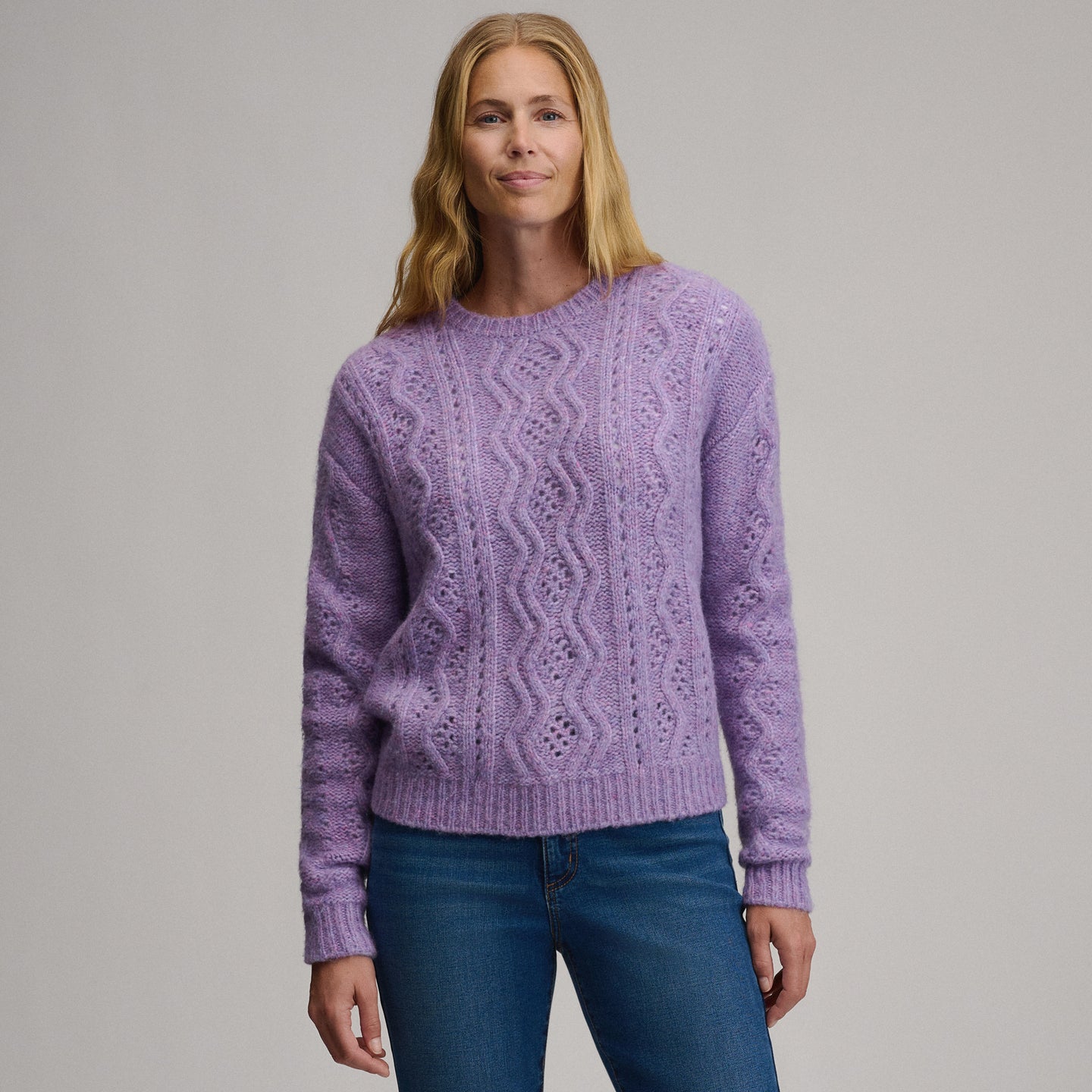 Women's Open Stitch Cable Crew Sweater-Sugar Plum-13