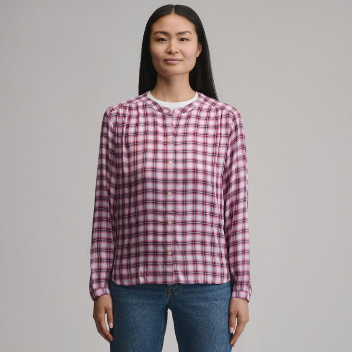 Women's Long-Sleeve Collarless Drapey Plaid Button-Down Shirt