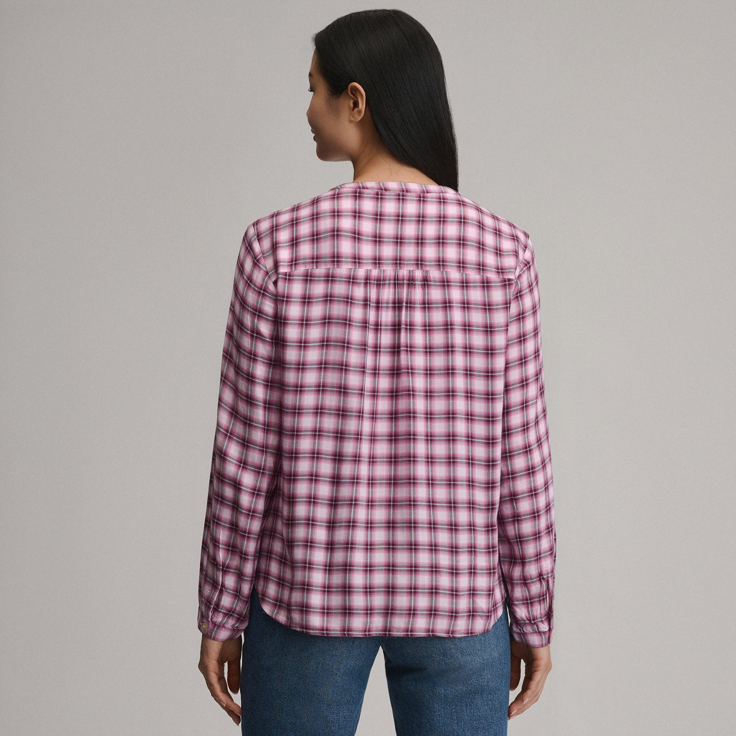 Women's Long-Sleeve Collarless Drapey Plaid Button-Down Shirt-Blush-2