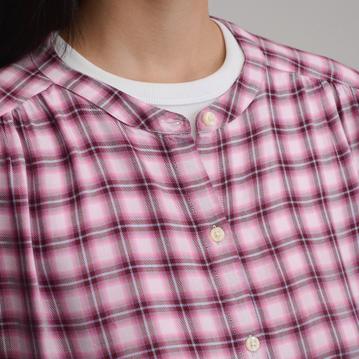 Women's Long-Sleeve Collarless Drapey Plaid Button-Down Shirt-Blush-3