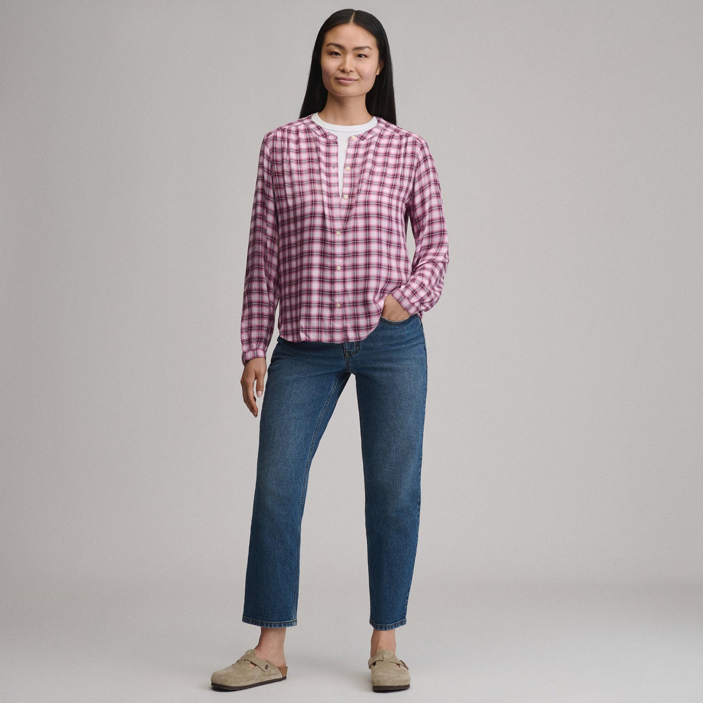 Women's Long-Sleeve Collarless Drapey Plaid Button-Down Shirt-Blush-4