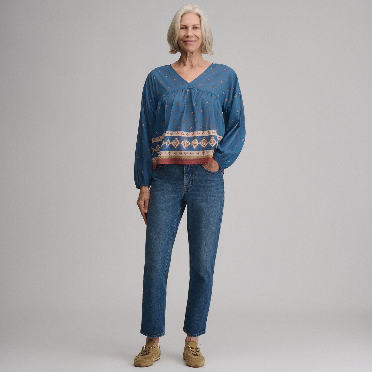Women's Long-Sleeve V-Neck Relaxed Woven Popover-Dark Horizon-5