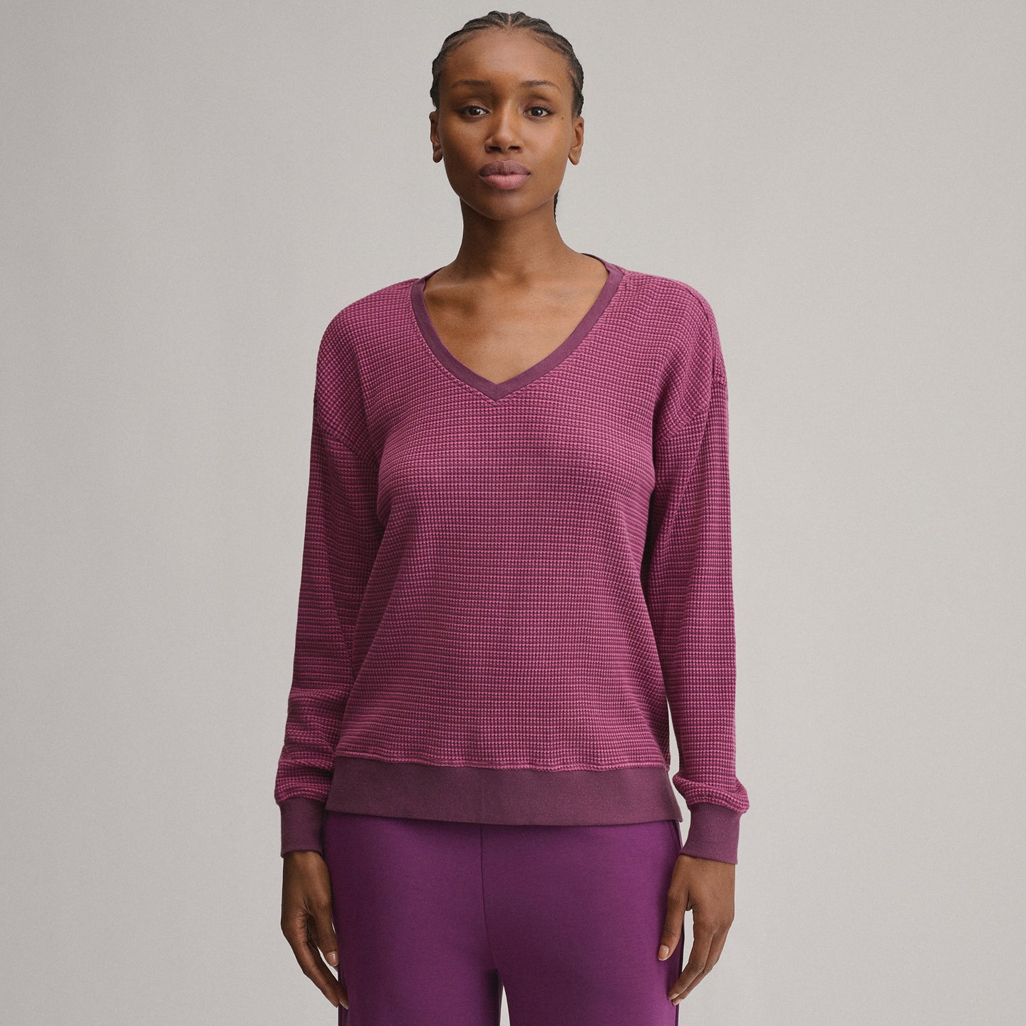 Women's Long-Sleeve V-Neck Boyfriend Thermal Crew - Striped-Rosewood-1
