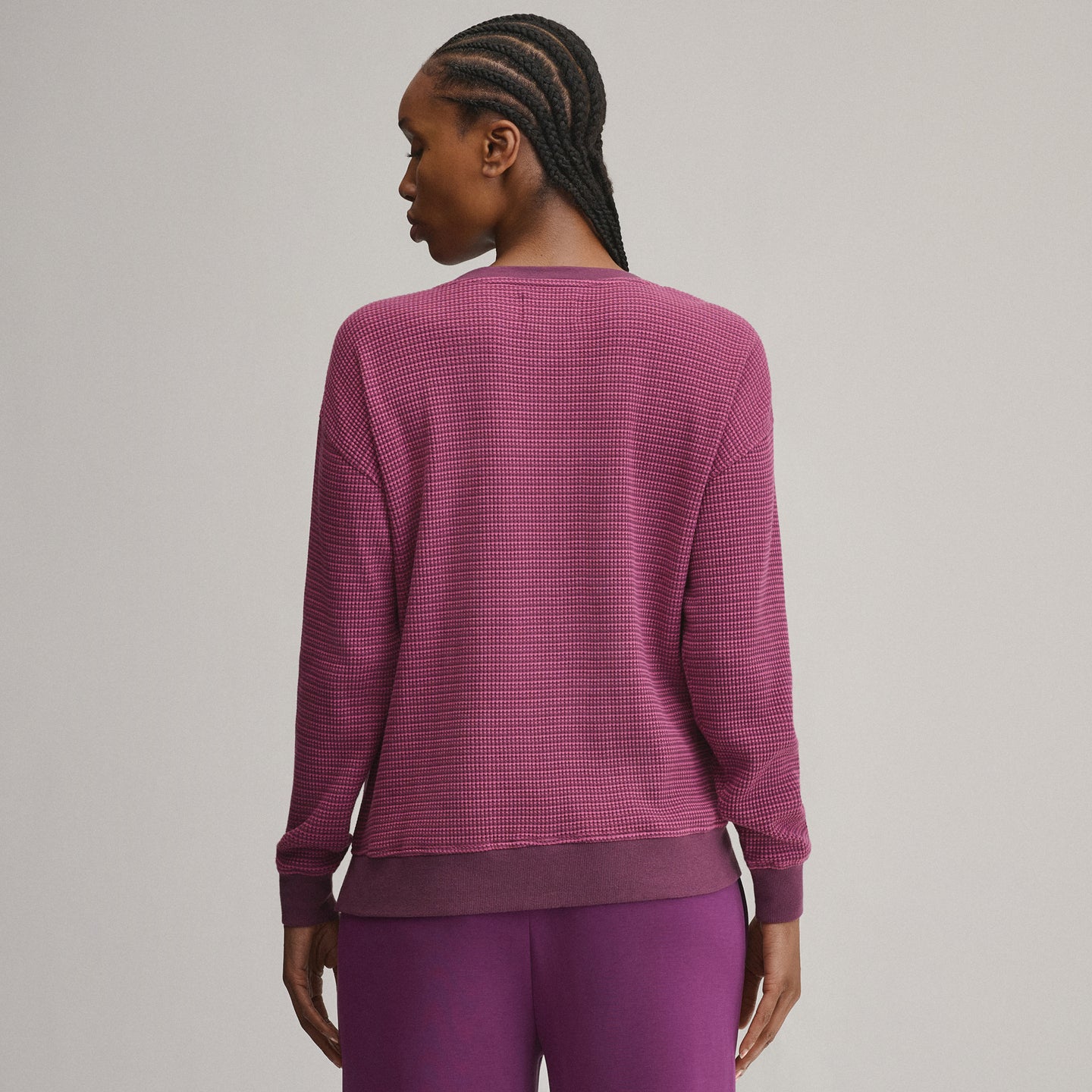 Women's Long-Sleeve V-Neck Boyfriend Thermal Crew - Striped-Rosewood-2