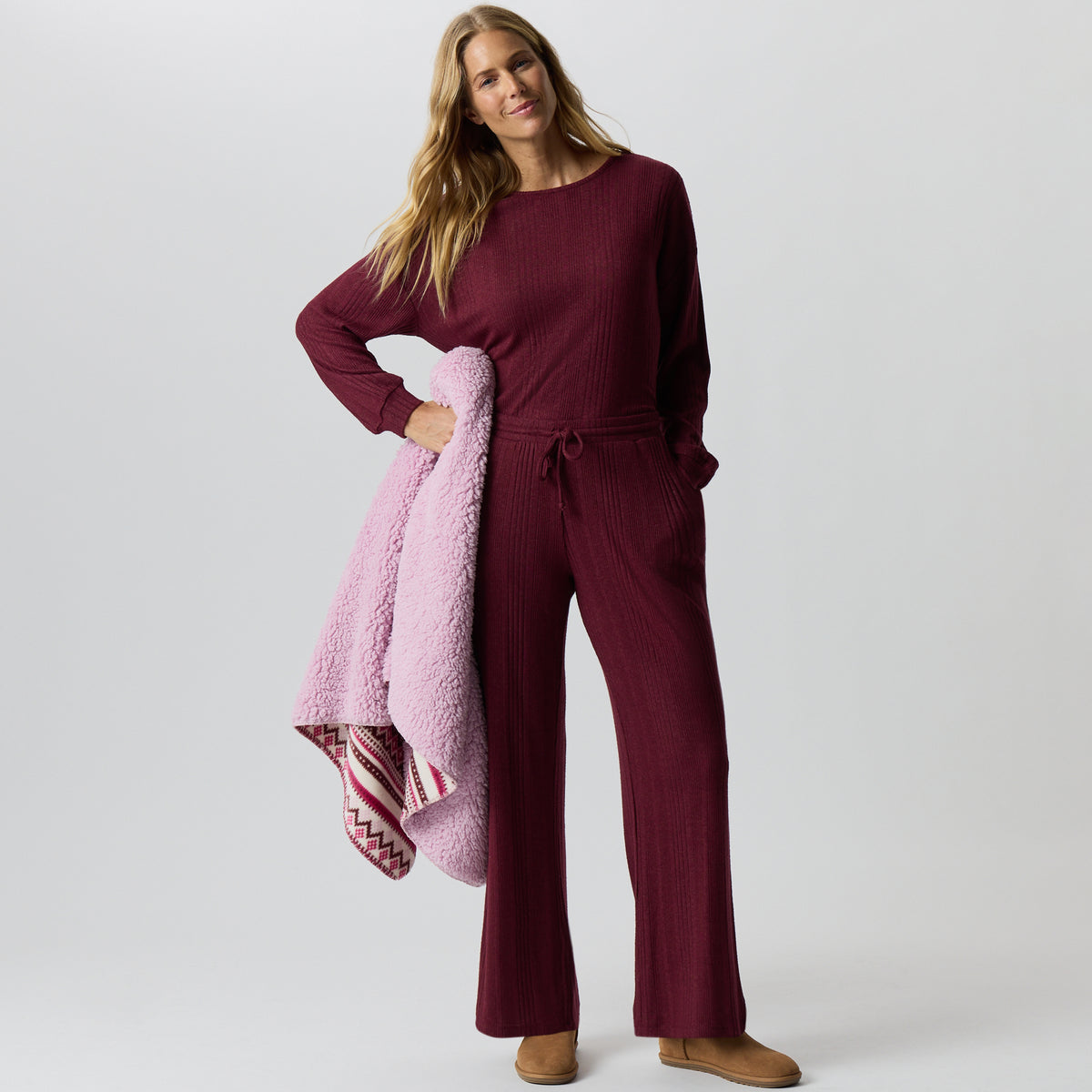 Women's Cozy Rib Wide-Leg Pants-Tawny Port-4