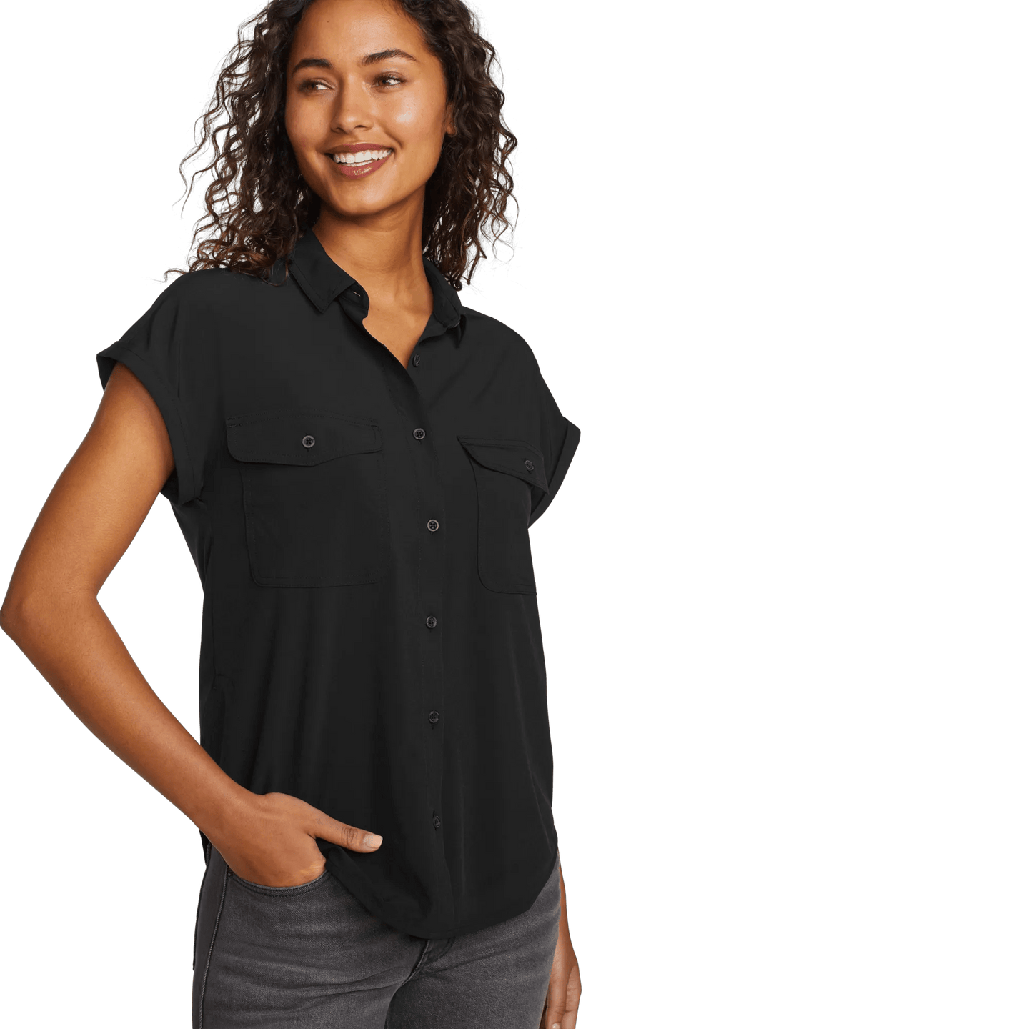 Women's Departure Short-Sleeve Button-Down Shirt-Black-Regular-4