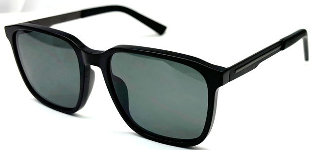 Black square sunglasses with dark gray polarized lenses and adjustable arms.