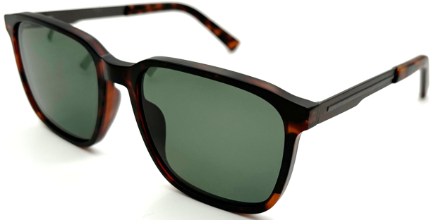 Black and tortoiseshell square sunglasses with green-tinted lenses.