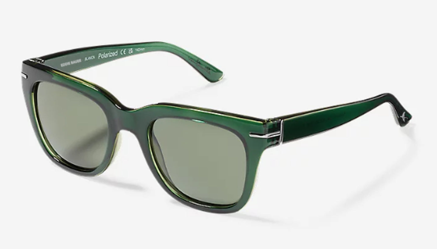 Green square-framed sunglasses with light green lenses and dark green temples.
