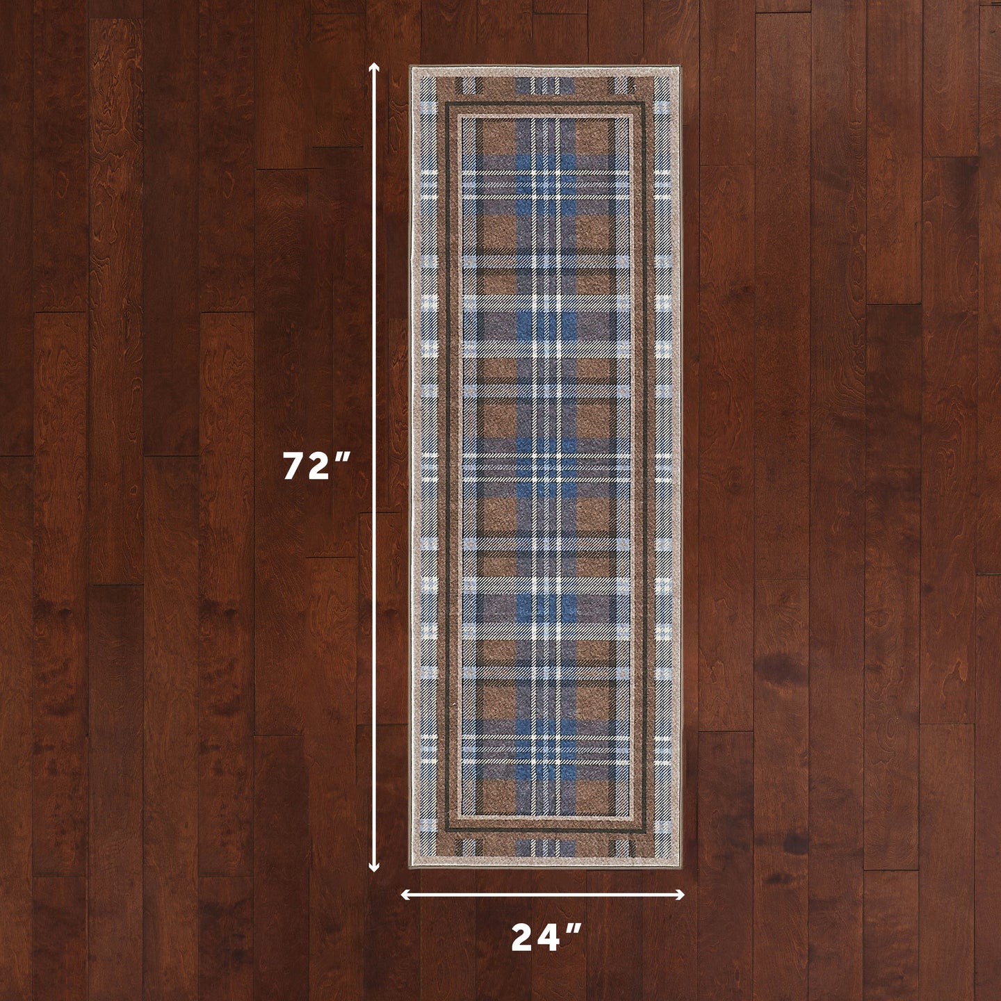 Plaid rug on a wooden floor with dimensions indicated