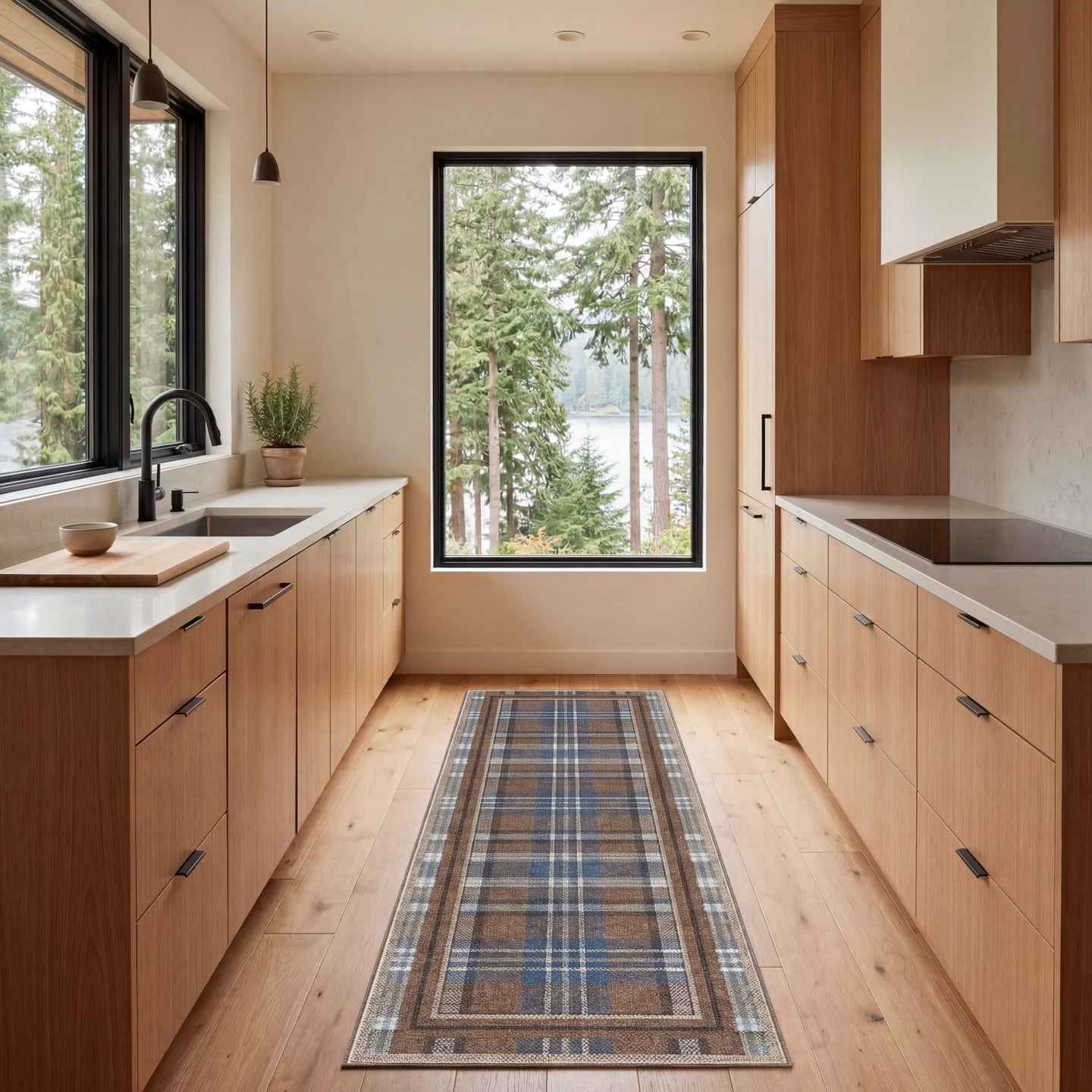 Modern kitchen with wooden cabinets, a rug on the floor, and a view of trees outside the window.