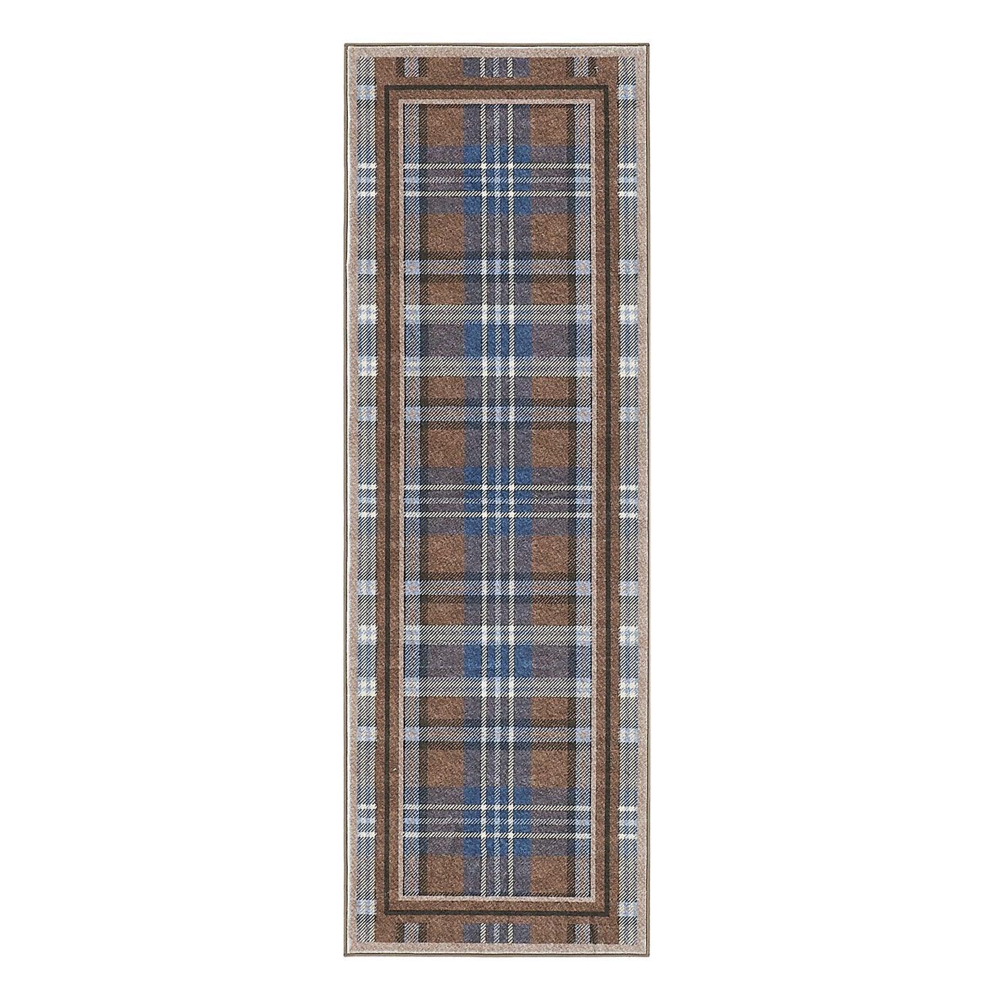 Plaid patterned rug with a brown and blue color scheme on a white background