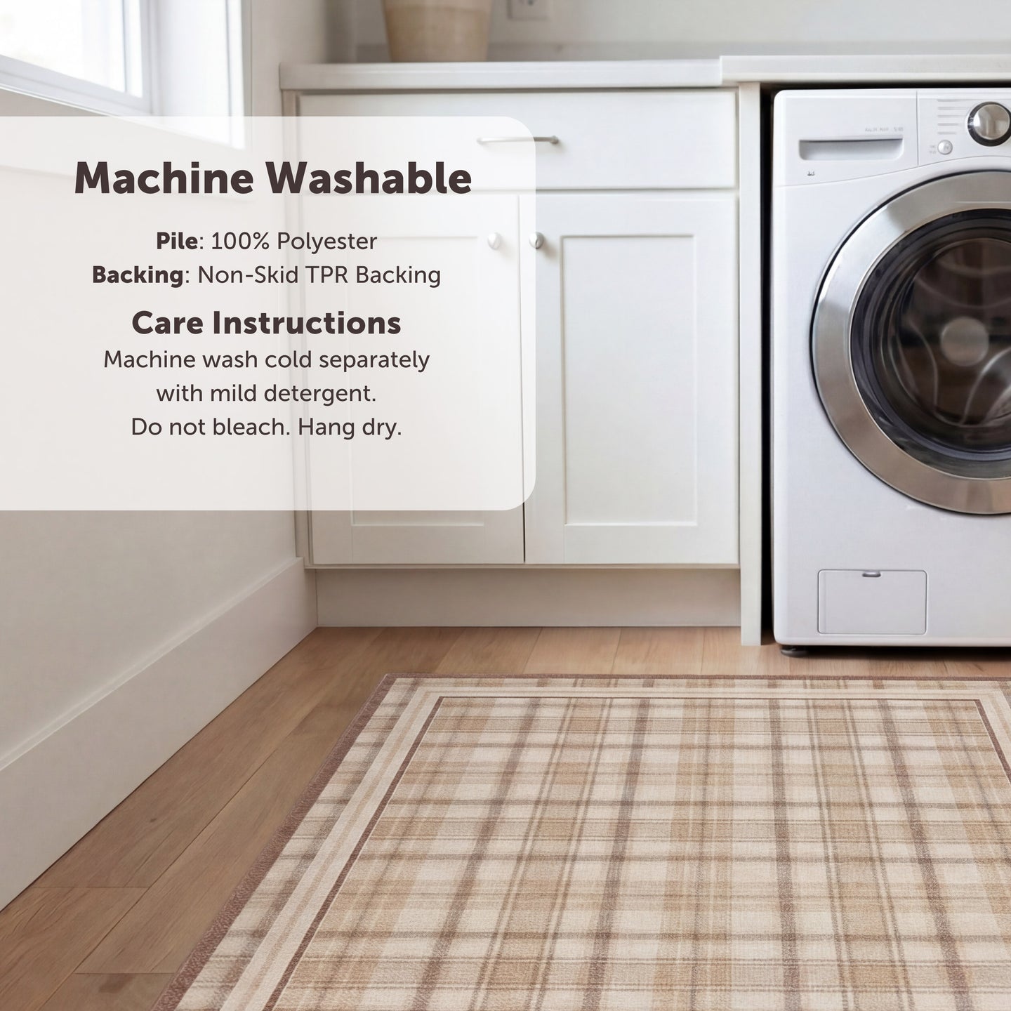 Plaid rug on a wooden floor with washing machine and text overlay about machine washability.