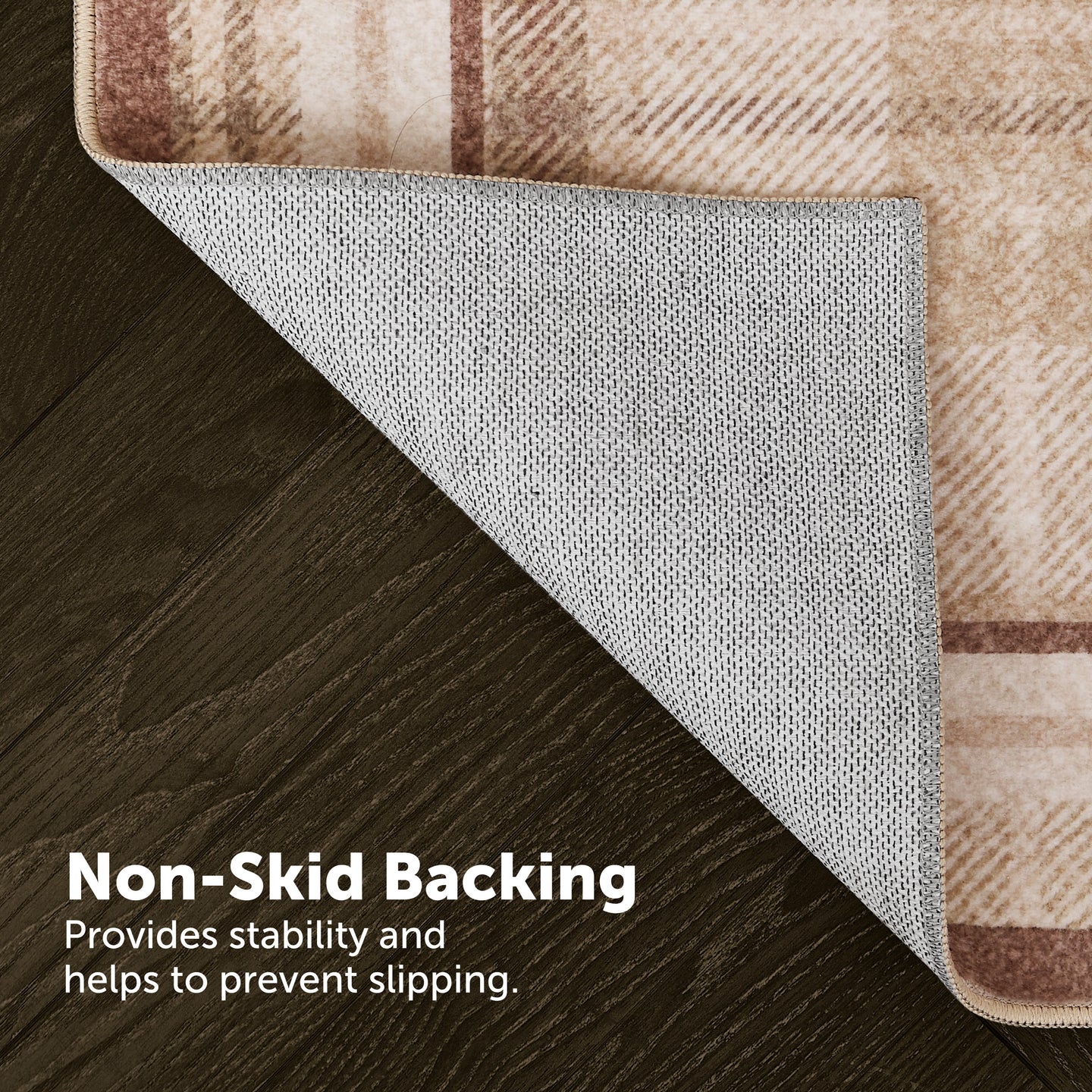 Plaid rug with non-skid backing on a wooden floor
