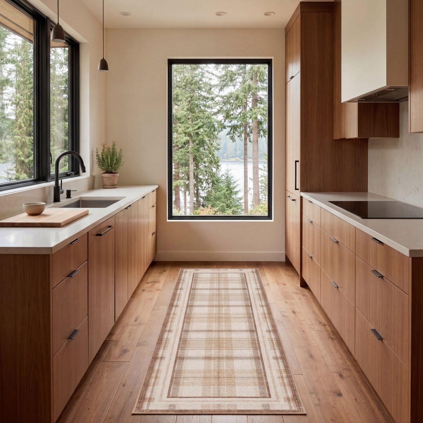 Modern kitchen with wooden cabinets, a rug on the floor, and a view of trees outside the window.