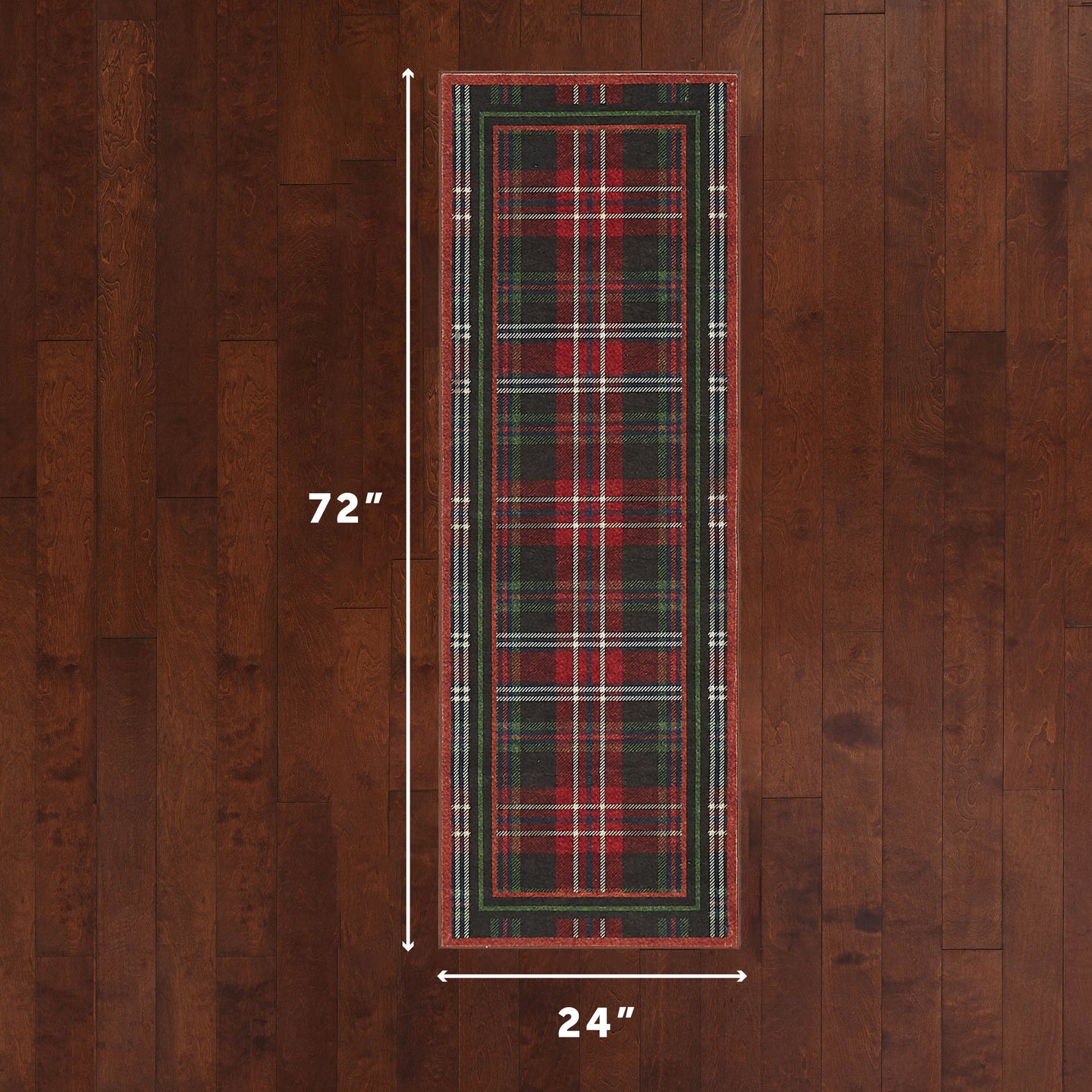 Plaid rug with dimensions on a wooden floor