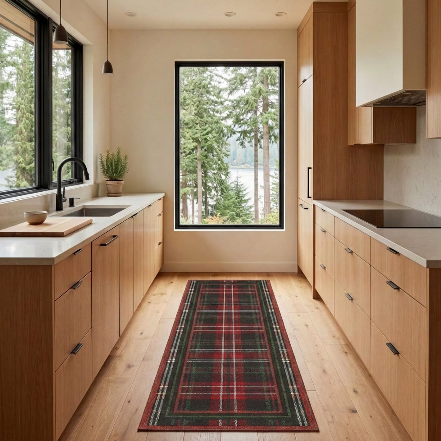 Modern kitchen with wooden cabinets, a tartan runner on the floor, and a view of trees outside the window.