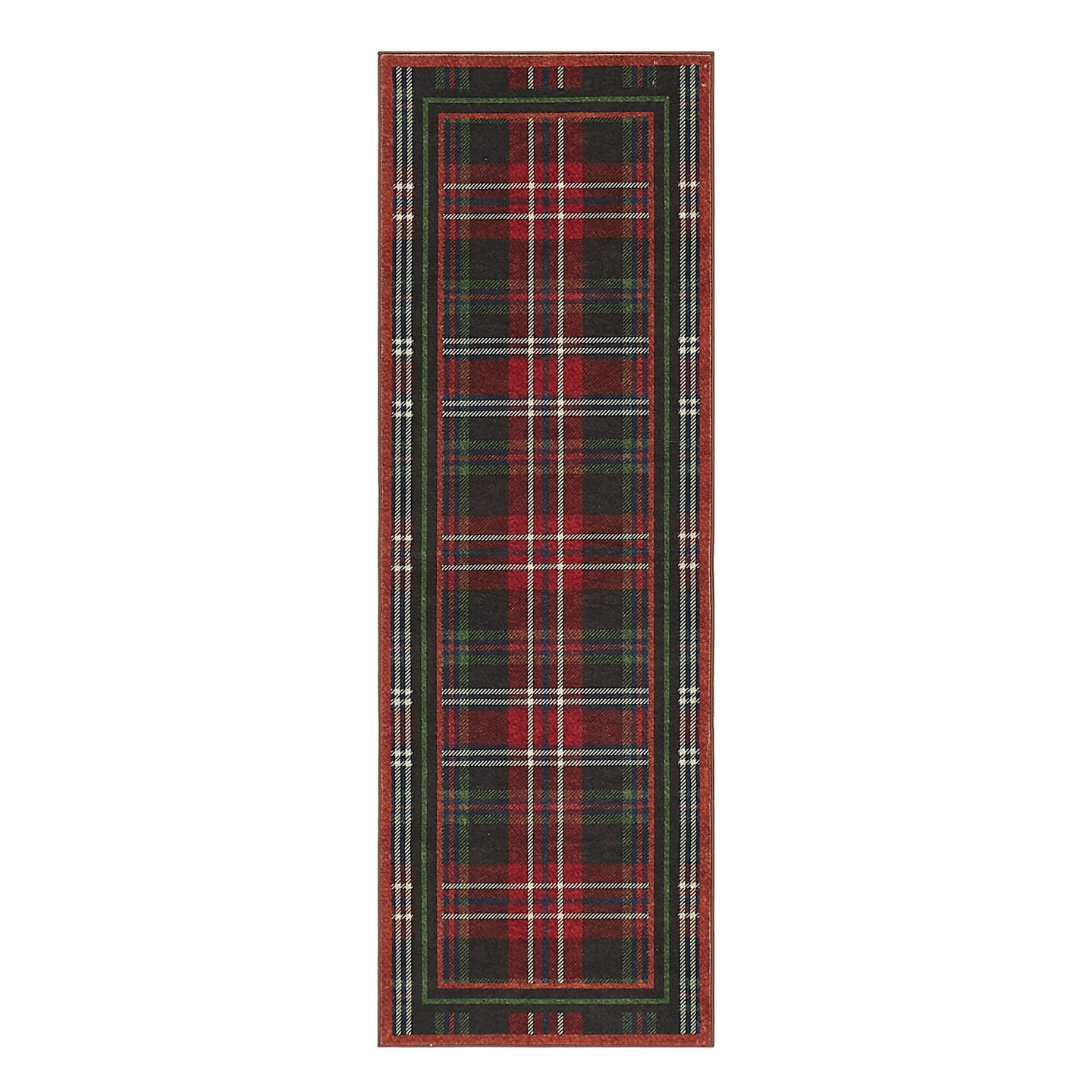 Red and green plaid patterned rug with a border on a white background