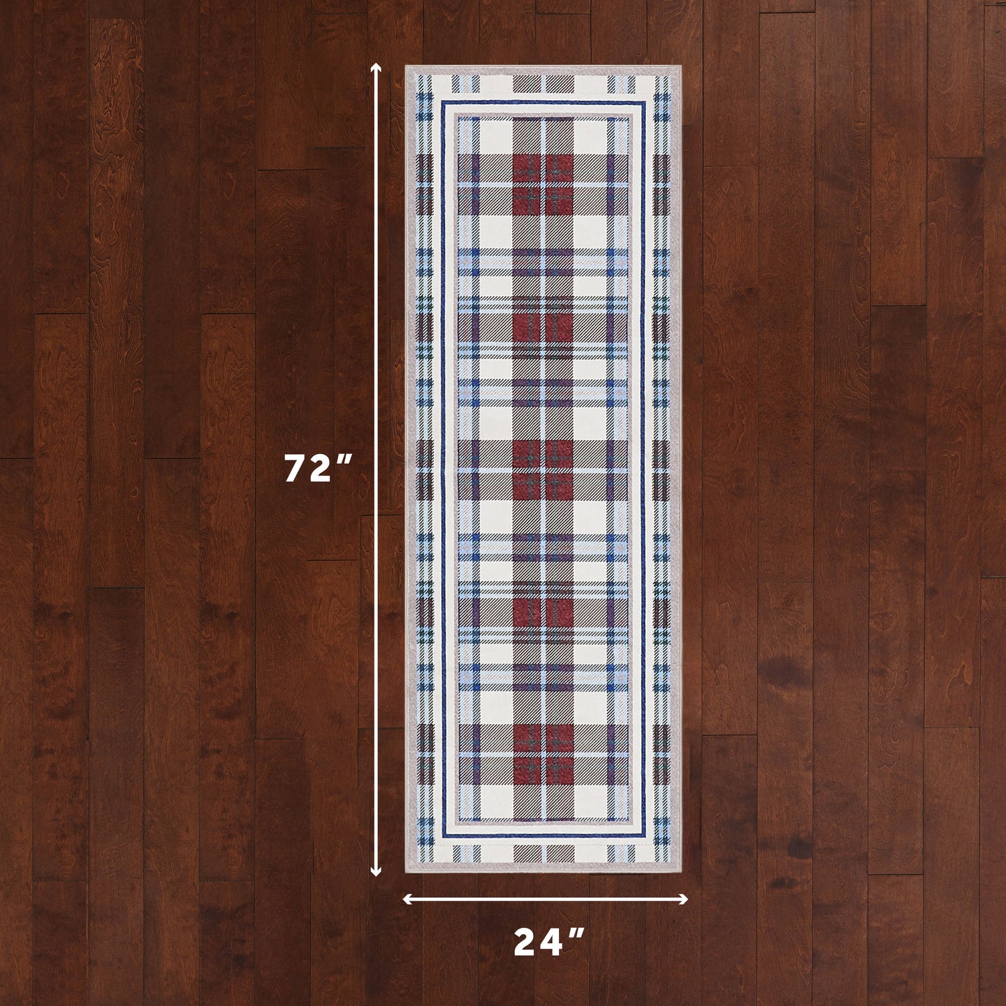 Plaid patterned rug with dimensions on a wooden floor