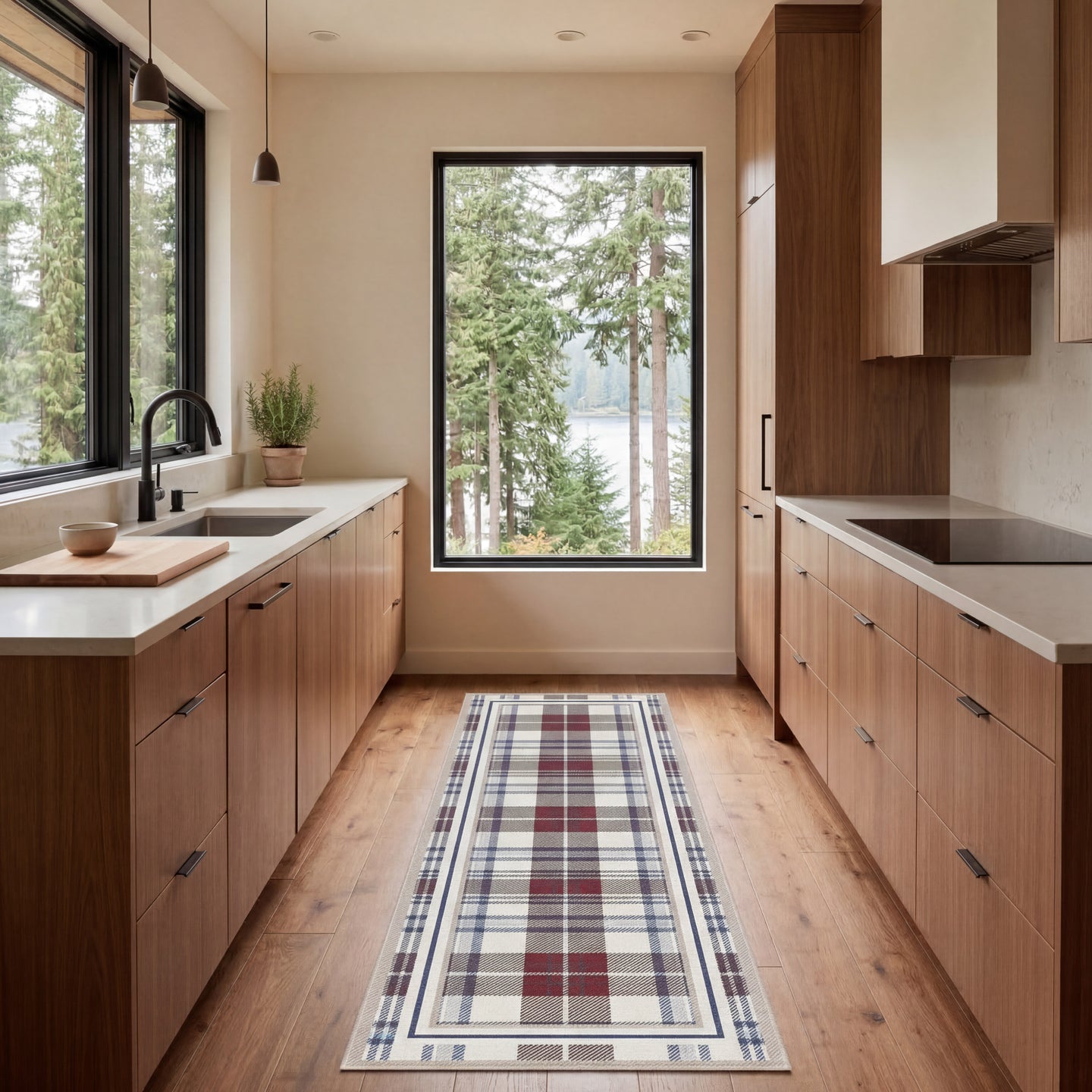 Modern kitchen with wooden cabinets, a plaid rug, and a view of trees.