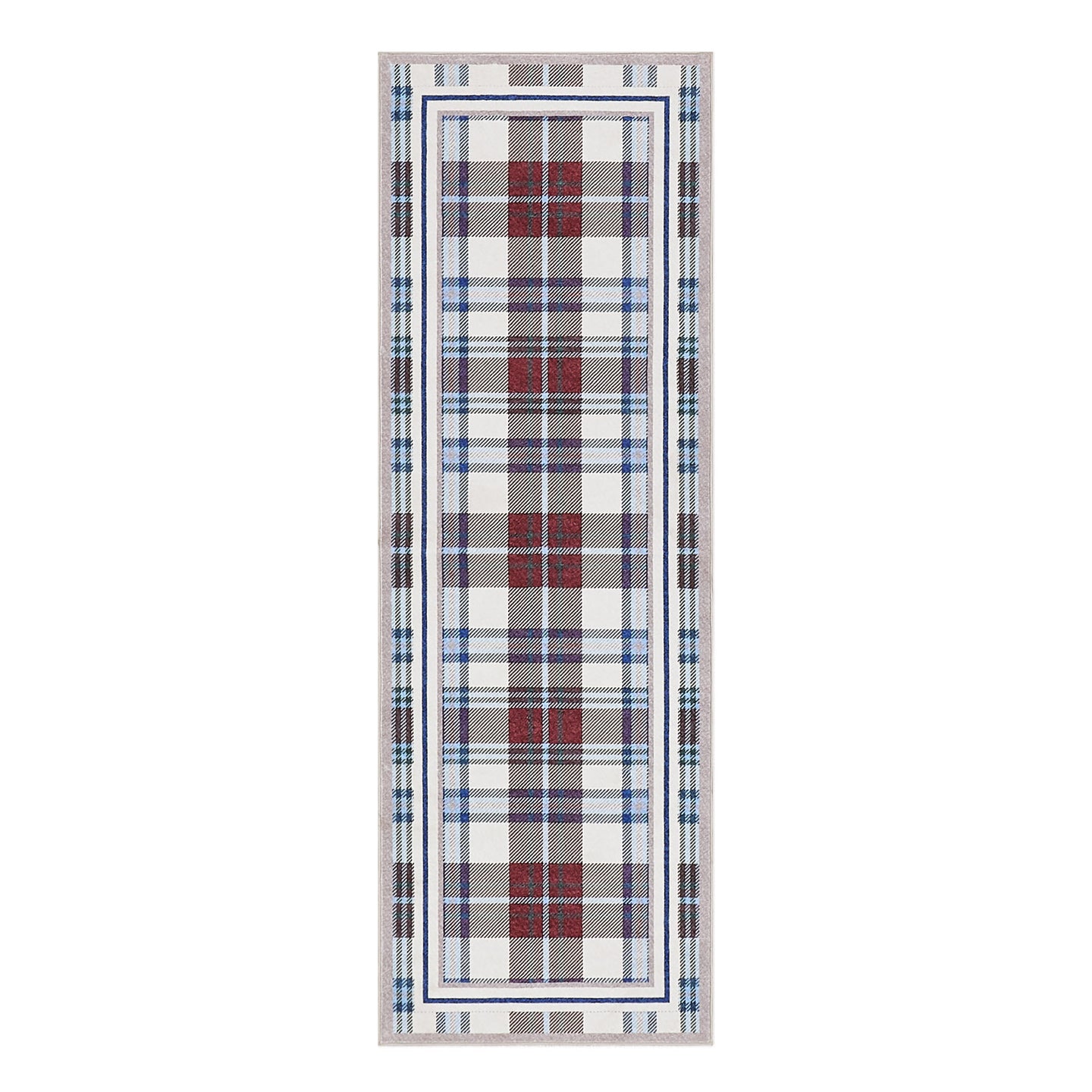 Plaid patterned rug with a white border on a white background