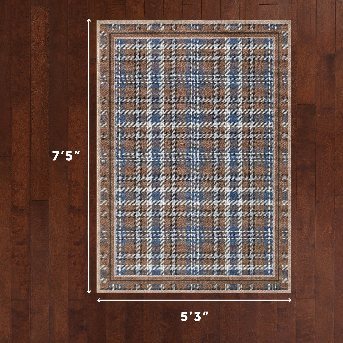 Plaid rug with dimensions on a wooden floor