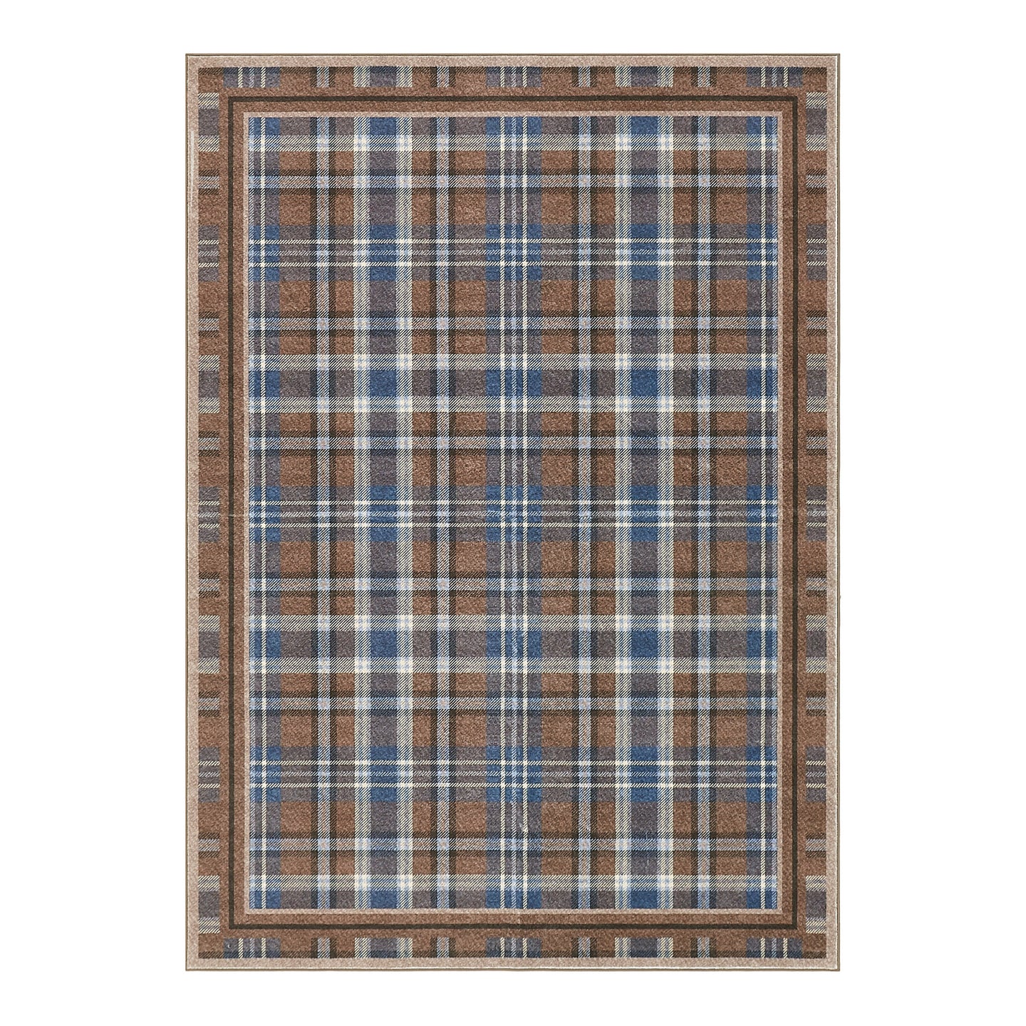 Plaid patterned rug with a brown and blue color scheme on a white background