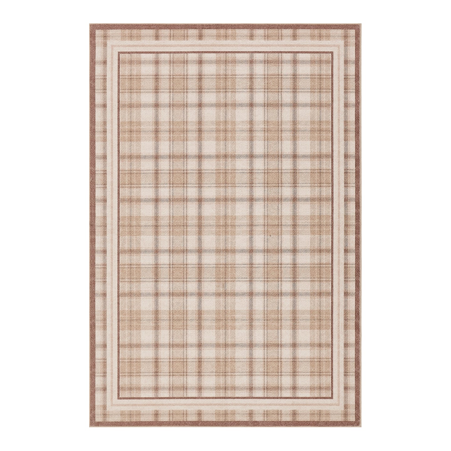 Plaid patterned rug with a beige border on a white background