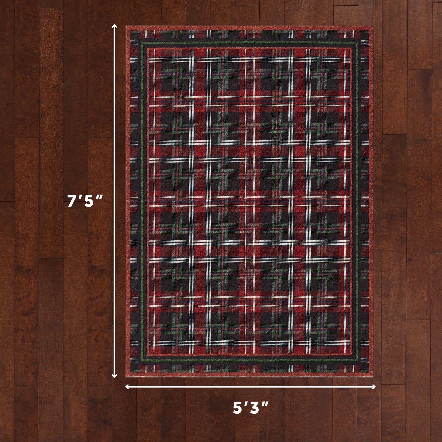 Plaid rug with dimensions on a wooden floor