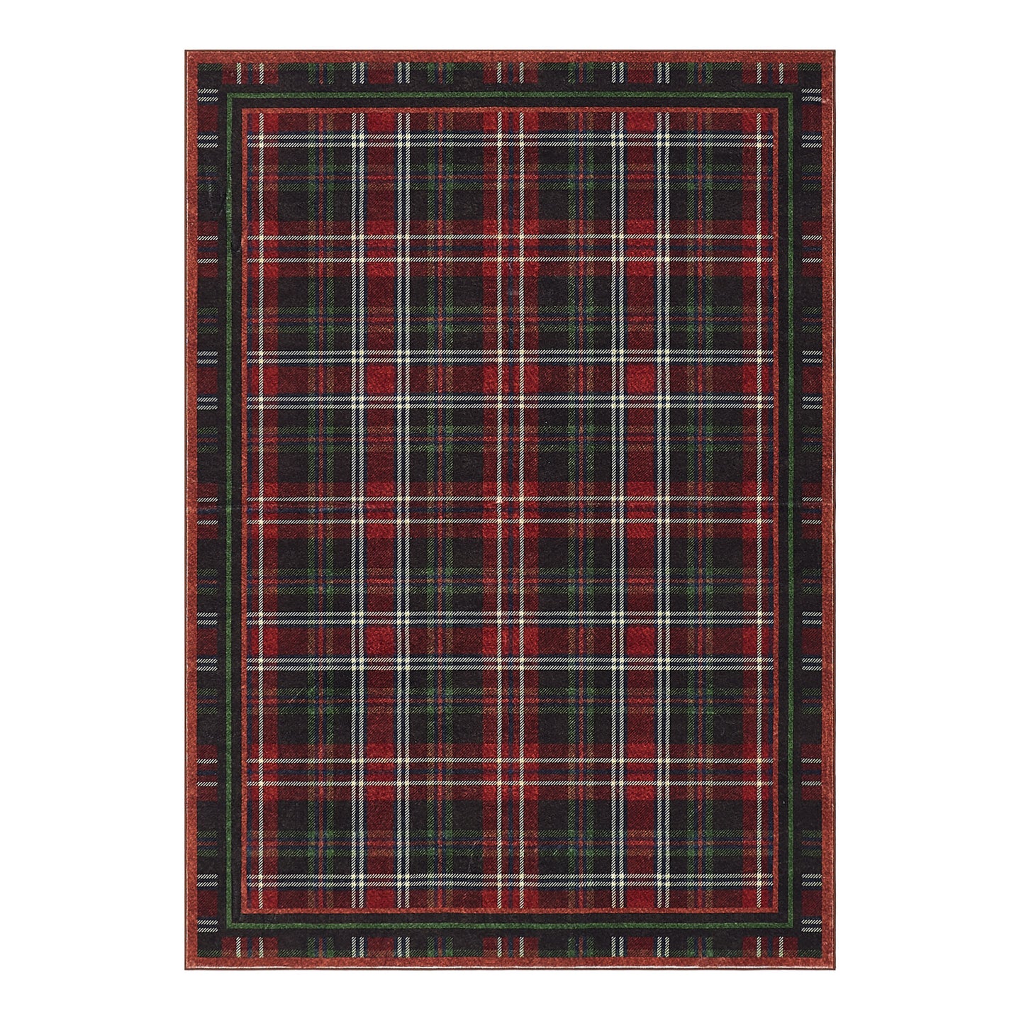 Plaid patterned rug with red, black, and white colors on a white background