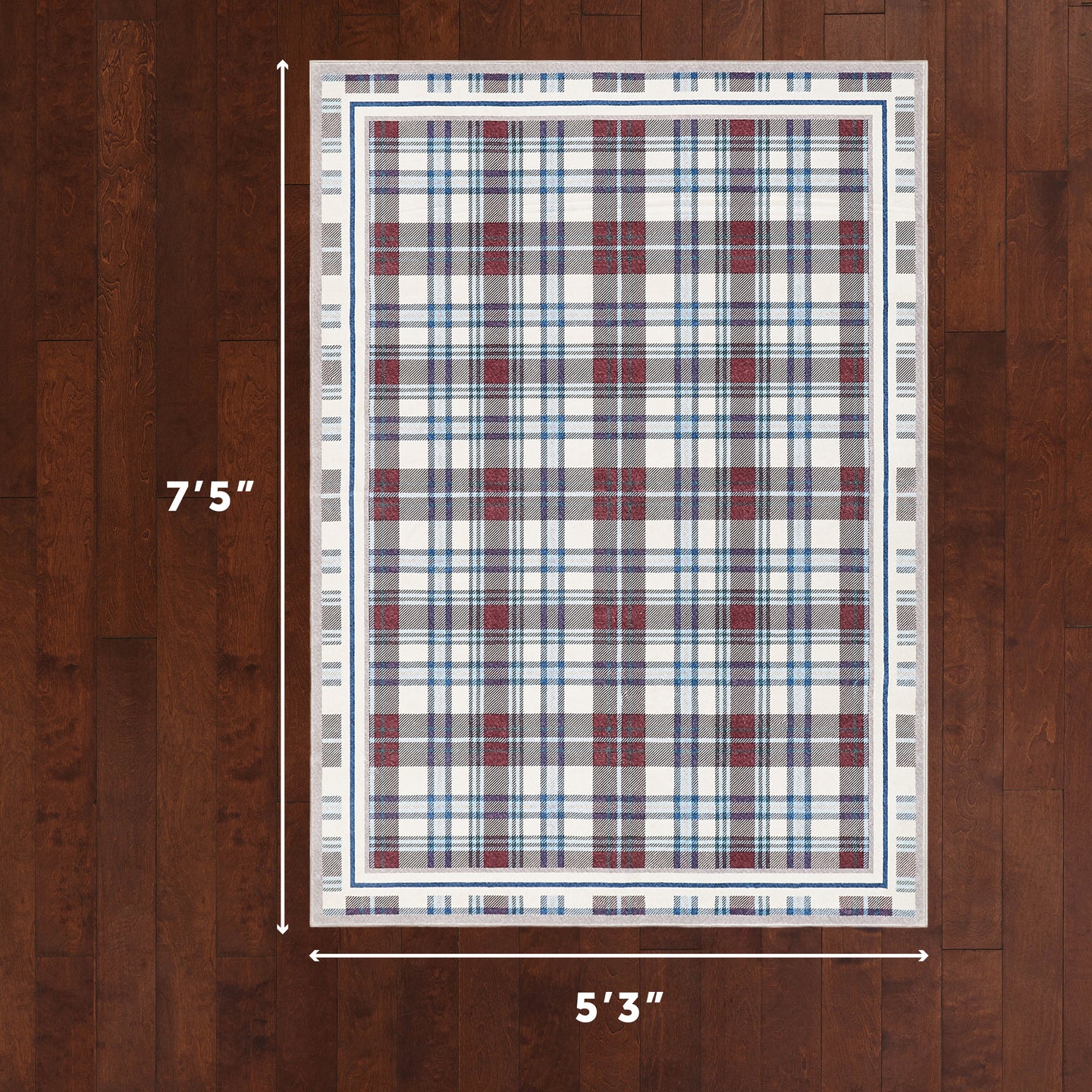 Plaid rug with dimensions on a wooden floor