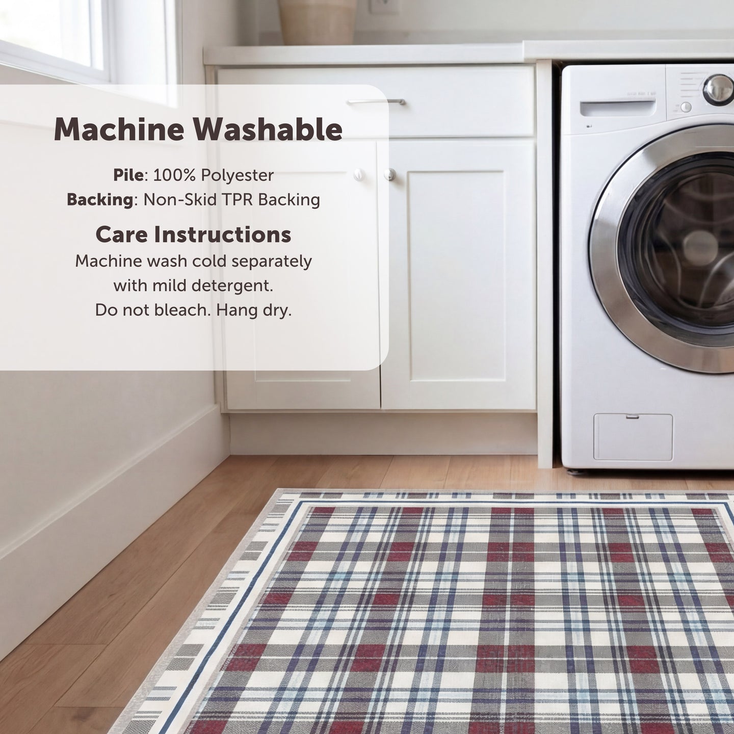 Plaid rug in front of a washing machine with care instructions displayed.