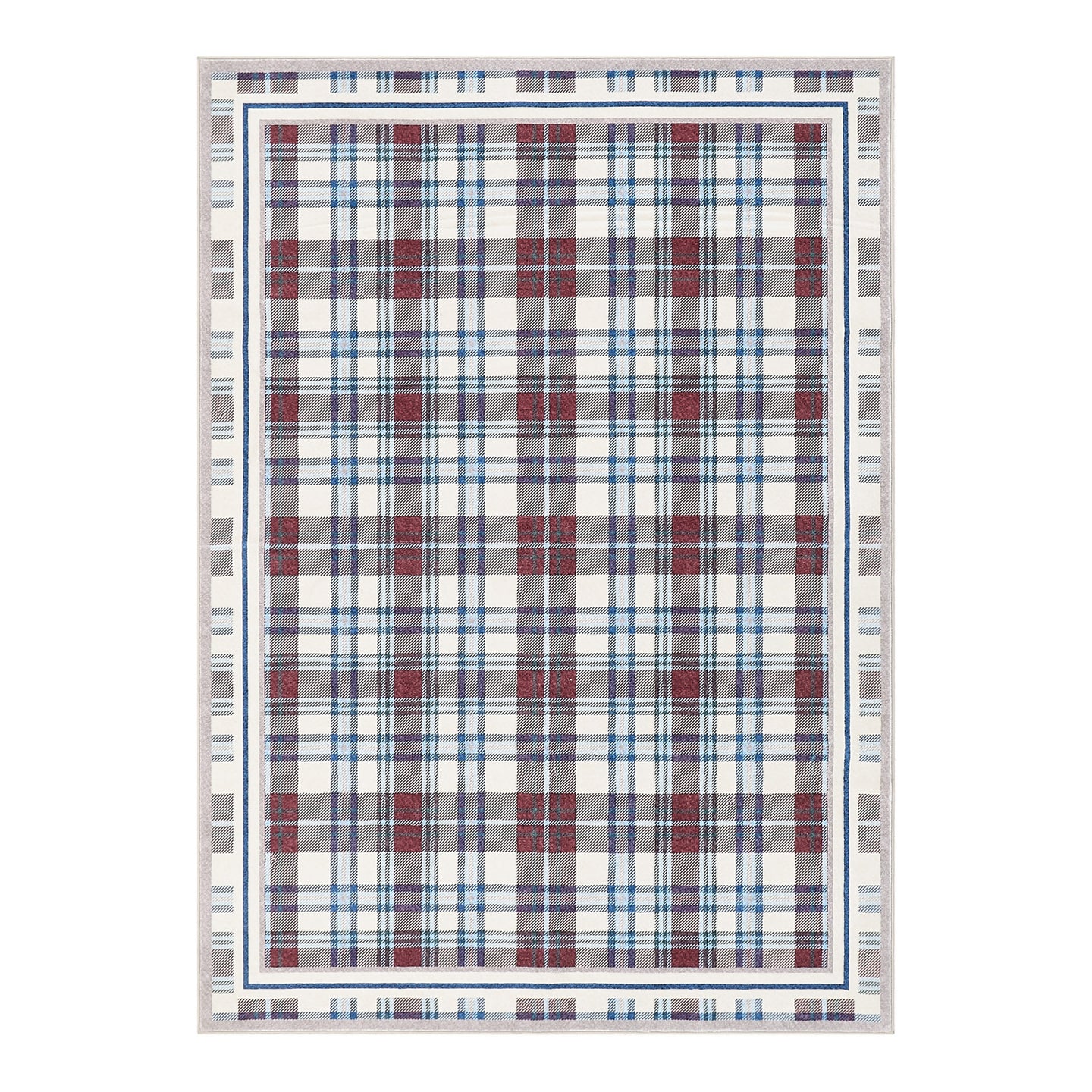 Plaid patterned rug with red, blue, and gray colors on a white background