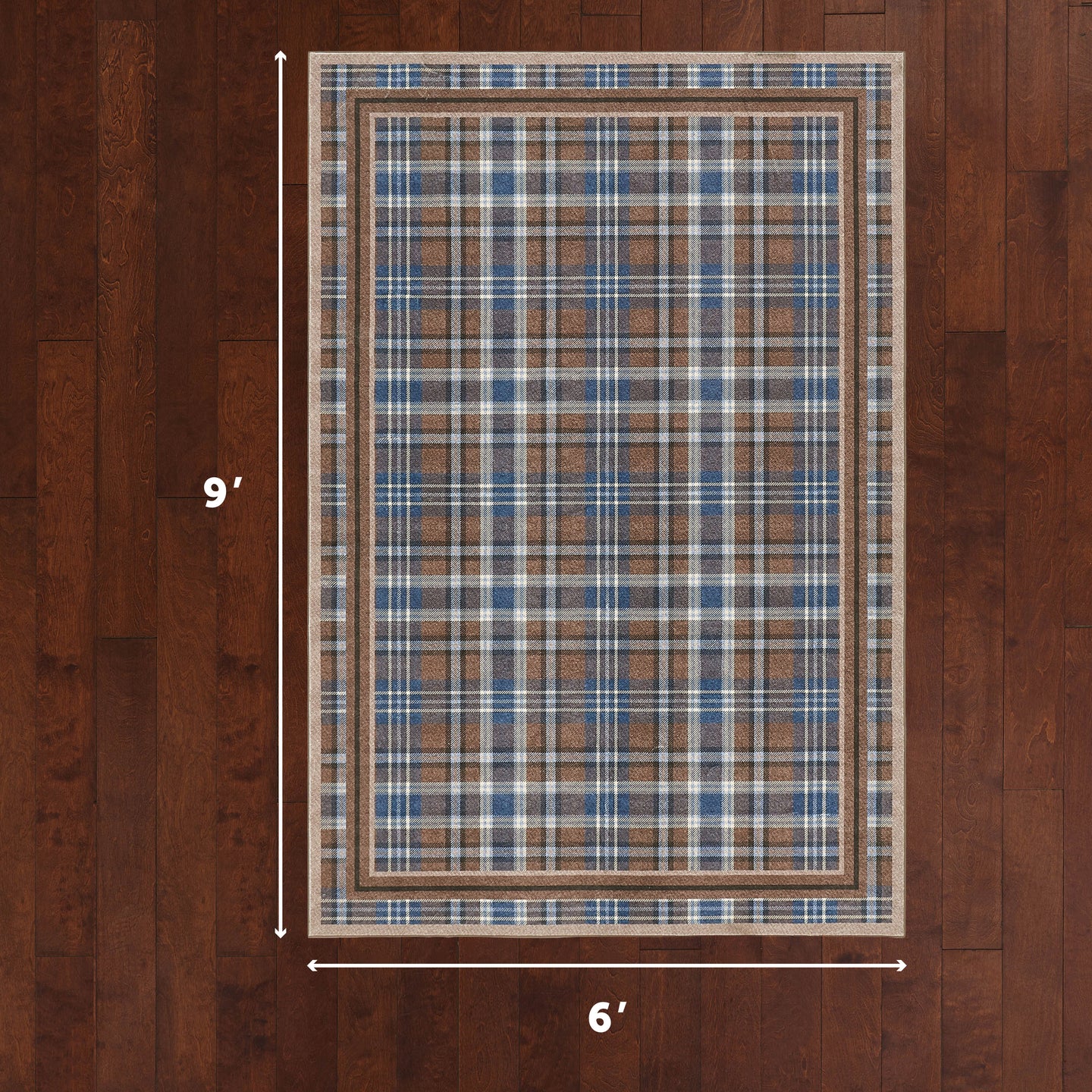Plaid rug with dimensions on a wooden floor