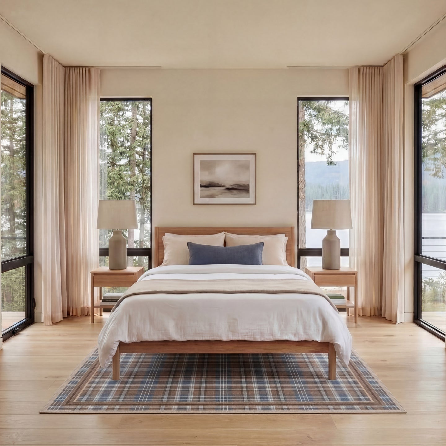 Modern bedroom with wooden bed, striped bedding, and large windows.