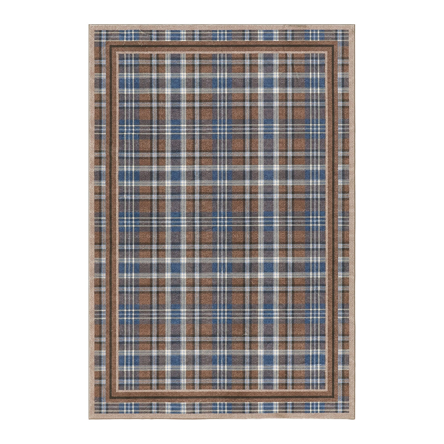 Plaid patterned rug with brown and blue colors on a white background