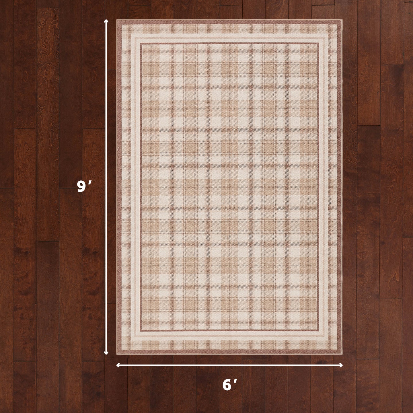 Plaid rug on a wooden floor with dimensions indicated