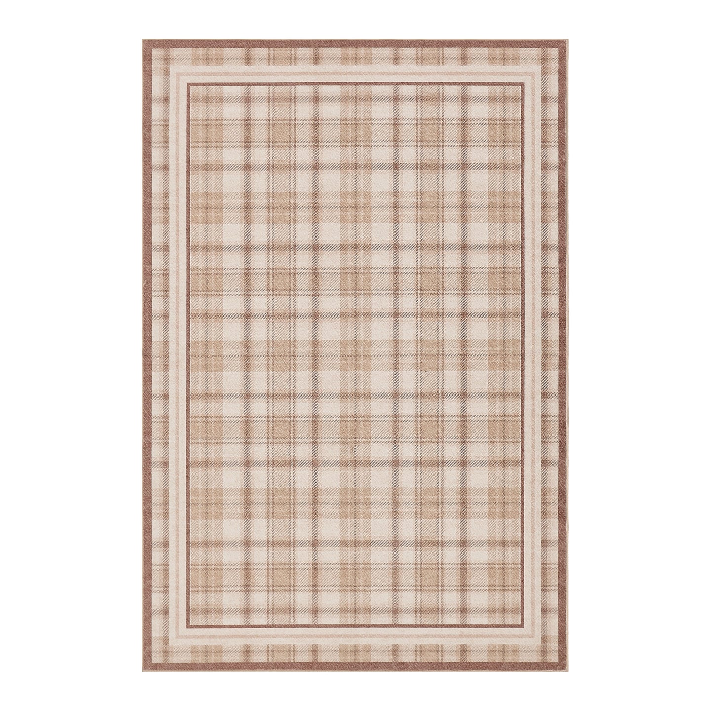 Plaid patterned rug with a beige and brown color scheme on a white background