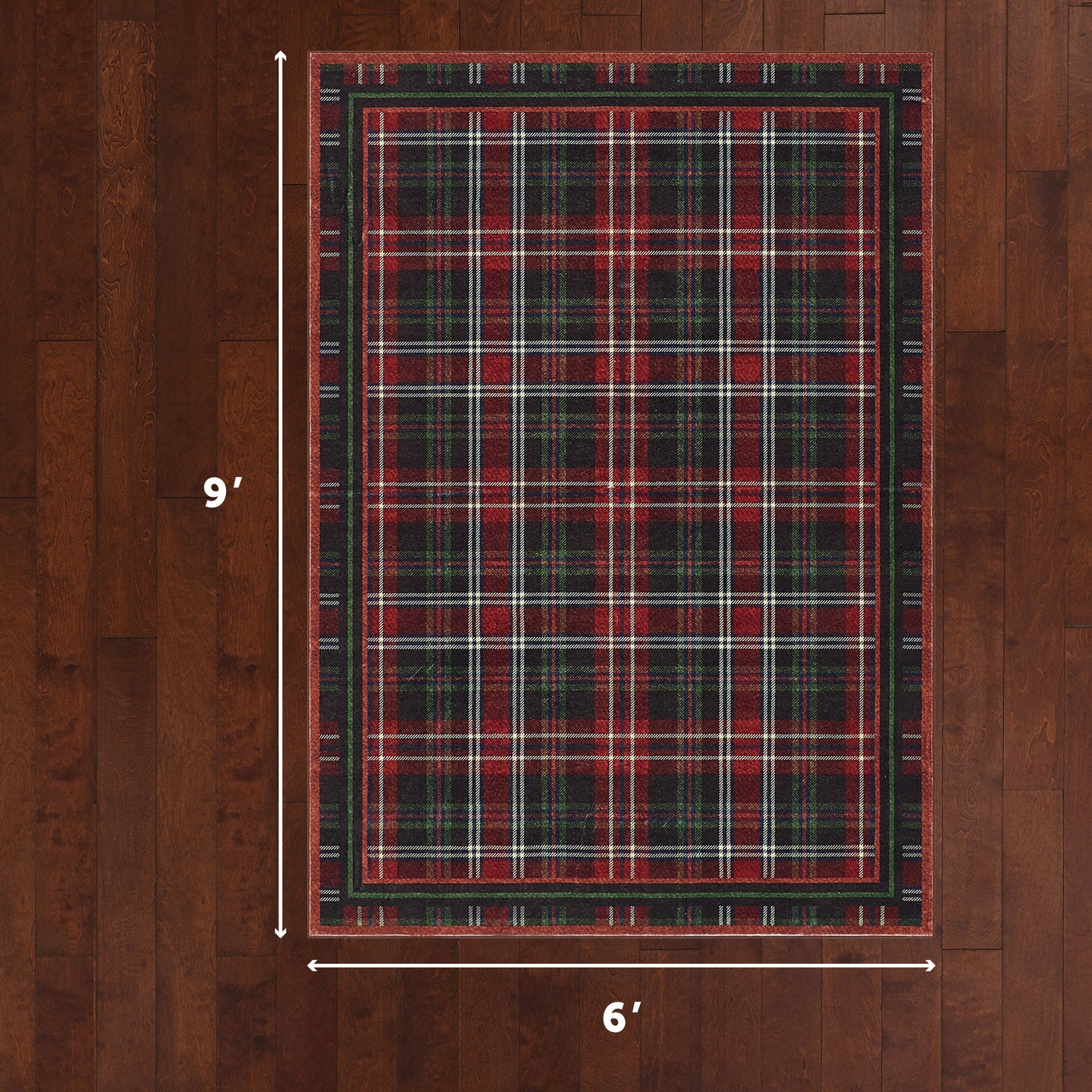 Plaid rug with dimensions on a wooden floor